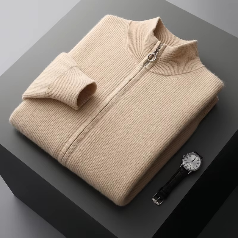 Men's 100% Pure Wool Zip-Up Cardigan with Stand Collar, Thick Knit Winter Sweater Jacket