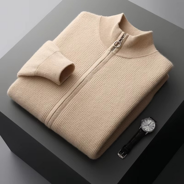 Men's 100% Pure Wool Zip-Up Cardigan with Stand Collar, Thick Knit Winter Sweater Jacket