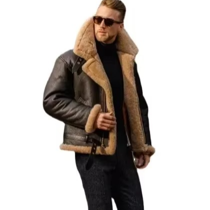 Men's Faux Leather Autumn Winter Coat with Warm Lining and Zippered Pockets