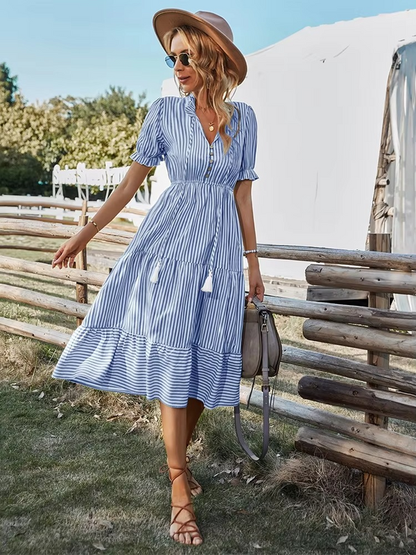 Striped V-Neck Short Sleeve Midi Dress with Tassel Details