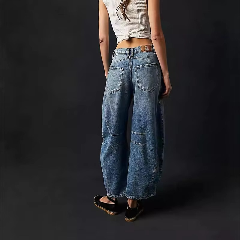 Retro Loose Fit Mid Waist Full Length Denim Jeans for Women
