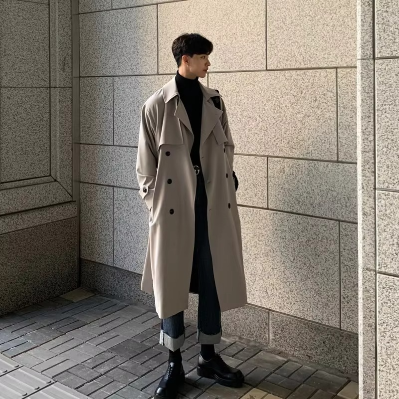 Men's Long Spring Trench Coat, Modern Korean Style Windbreaker Overcoat