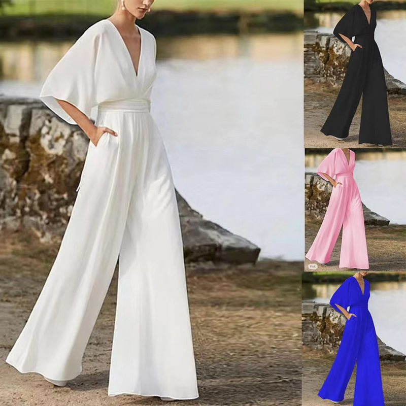 2025 Spring Summer Pure Color Side Button Commuter Low Waist Long Jumpsuit