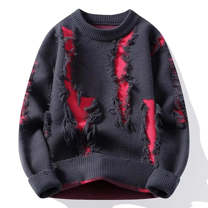 Men's Ripped Knit Sweater Loose Fit Crew Neck Pullover