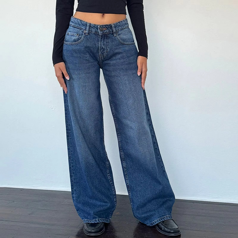 Retro Washed Mid Waisted Straight Leg Jeans for Women