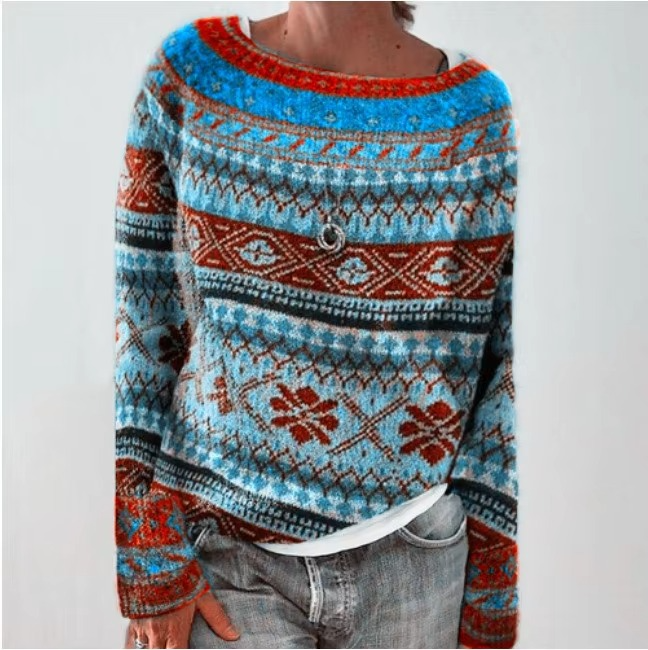 Loose Fit Round Neck Color Block Knitwear Women's Pullover Sweater Casual Long Sleeve