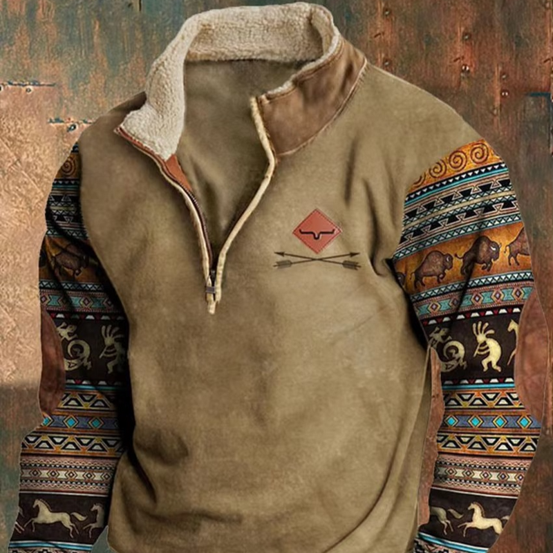 Men’s Retro 3D Printed Hooded Jacket with Leather Collar and Zipper Closure