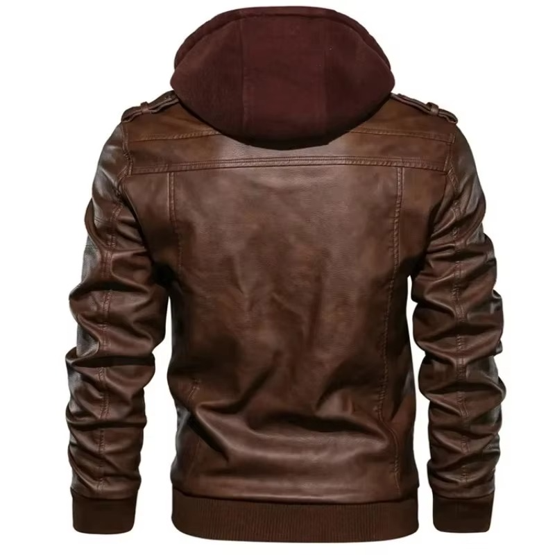 Men's Hooded PU Leather Biker Jacket Streetwear Zipper Coat for Spring or Fall