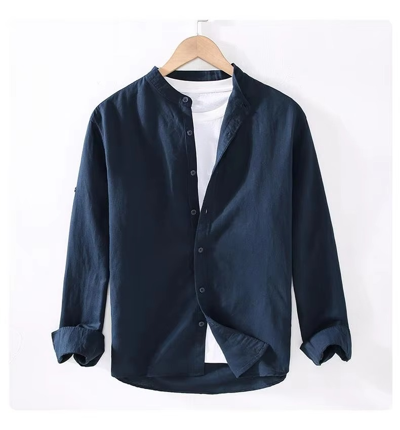 Men's Vintage Linen Stand Collar Long Sleeve Shirt, M-3XL Lightweight Streetwear Button-Up