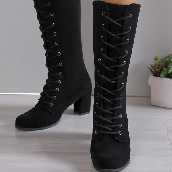 Women’s High Lace-Up Winter Boots with Round Toe and Sturdy Heel