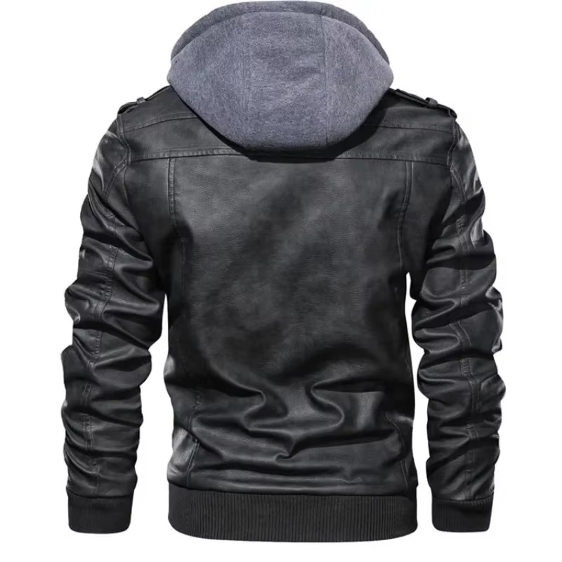 Men's Hooded PU Leather Biker Jacket Streetwear Zipper Coat for Spring or Fall