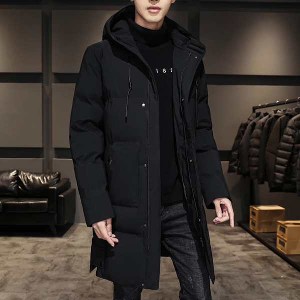 Men's Long Cotton Padded Parka Coat, Warm Lightweight Solid Color Winter Jacket
