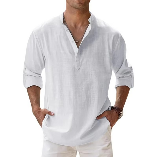Lightweight Men’s Long Sleeve Cotton Linen Henley Shirt for Casual Beachwear