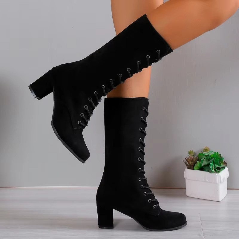 Women’s High Lace-Up Winter Boots with Round Toe and Sturdy Heel