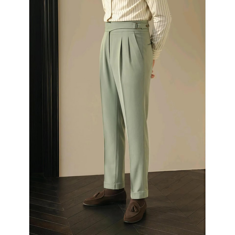 Paris Buckle Men's High Waist Slim Fit Trousers Vintage British Business Casual Pants