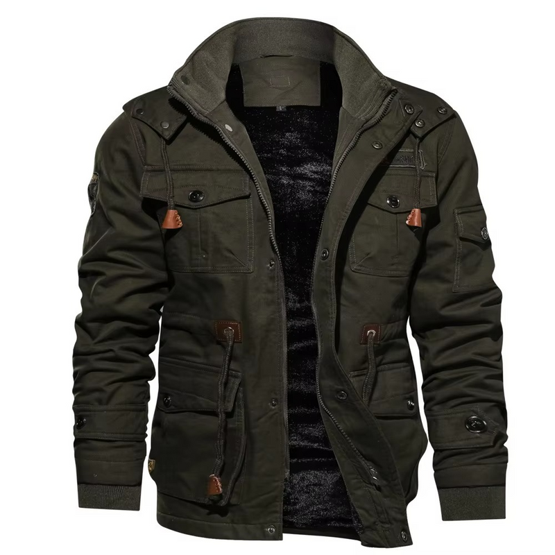 Men's Fleece Lined Hooded Cargo Jacket for Winter Outdoor Comfort