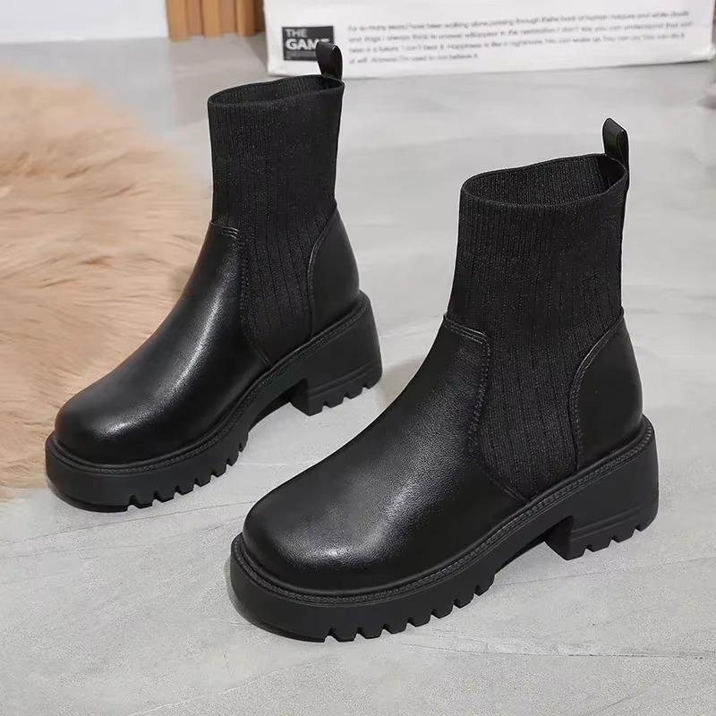 Autumn Winter Women’s Chelsea Platform Ankle Boots, Knitted High Heel PU Leather Booties