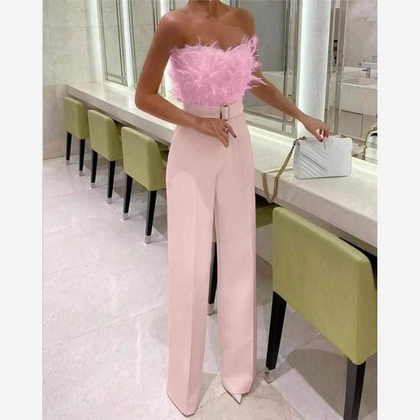 Sexy Feather Jumpsuit with Bare Shoulder, Cinched Waist, and Diamond Embellished Wide Leg