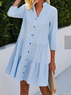 Women's Plaid V-Neck Long Sleeve Shirt Dress – Lightweight Mini Dress for Spring and Fall