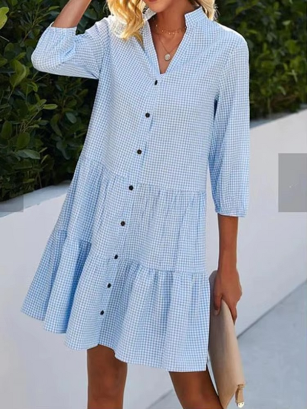 Women's Plaid V-Neck Long Sleeve Shirt Dress – Lightweight Mini Dress for Spring and Fall