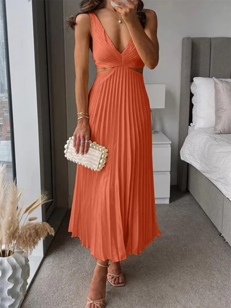 Elegant Sleeveless Summer Maxi Dress with Deep V Neck and Pleated High Waist Design