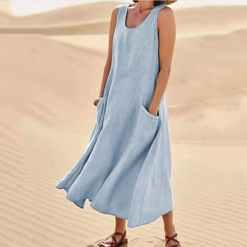 Women’s Cotton Linen Sleeveless Maxi Sundress with Pockets, Loose Fit Beachwear S-5XL