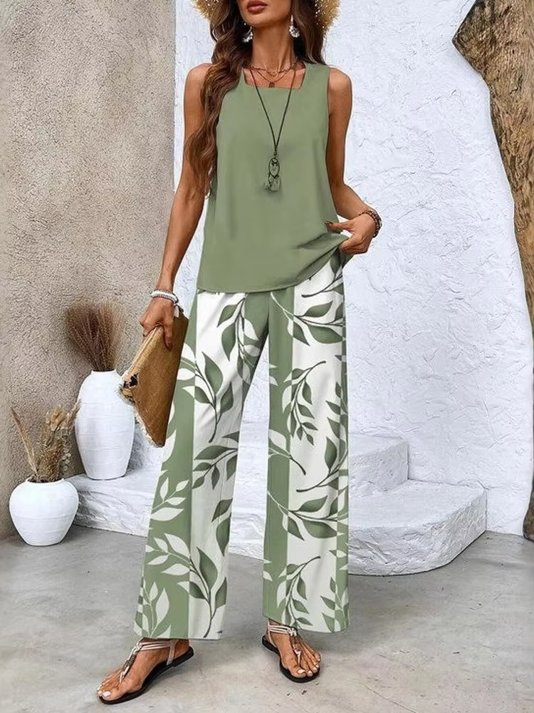 Women's Digital Print Square Collar Vest and Long Trousers Two-Piece Set