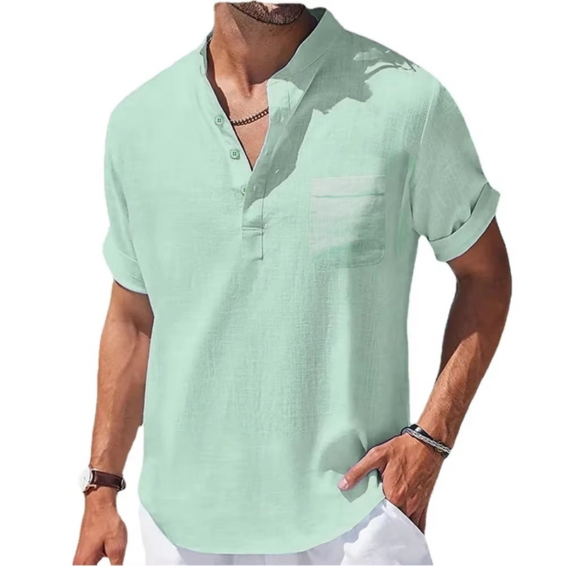 Men's Summer Cotton Linen Short Sleeve Henley Collar Casual Shirt