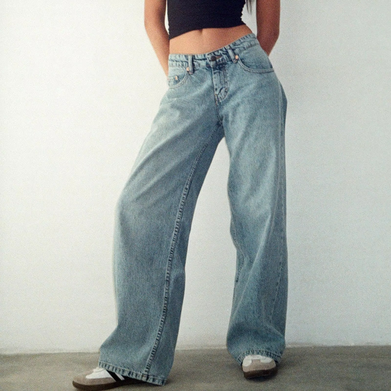 Retro Washed Mid Waisted Straight Leg Jeans for Women