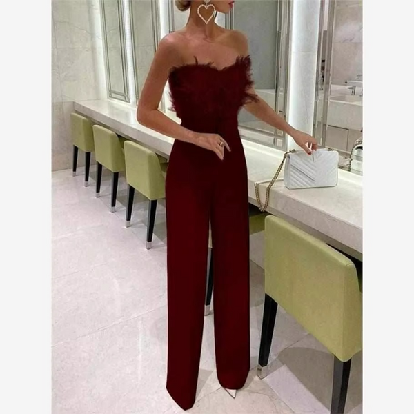 Sexy Feather Jumpsuit with Bare Shoulder, Cinched Waist, and Diamond Embellished Wide Leg