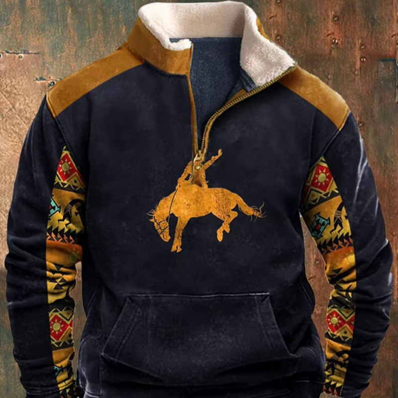 Men’s Retro 3D Printed Hooded Jacket with Leather Collar and Zipper Closure