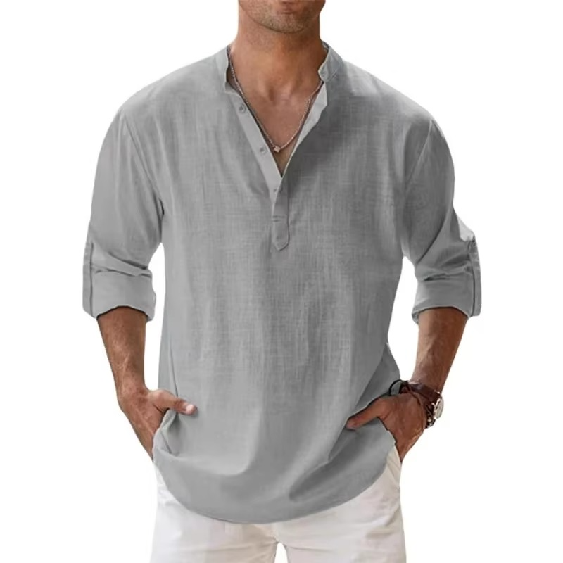 Lightweight Men’s Long Sleeve Cotton Linen Henley Shirt for Casual Beachwear