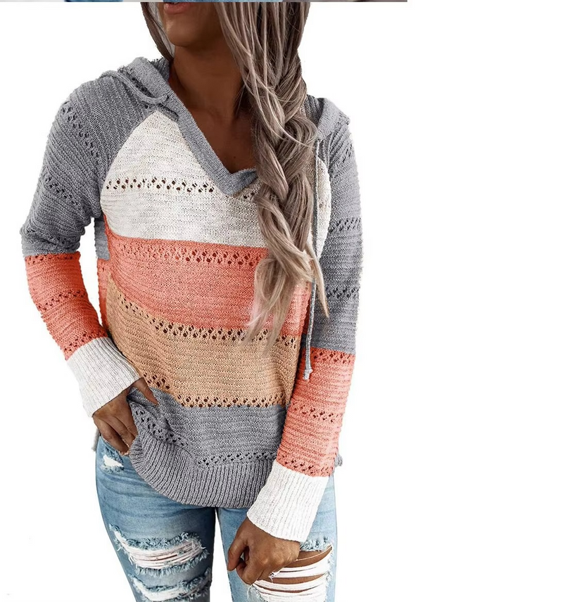 Cozy Patchwork Hooded Sweater for Women, Long Sleeve Striped Knit Pullover