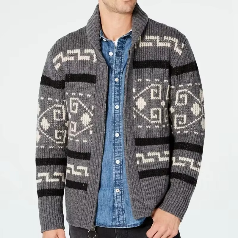 Men’s Vintage Jacquard Knit Shawl Collar Zipper Cardigan