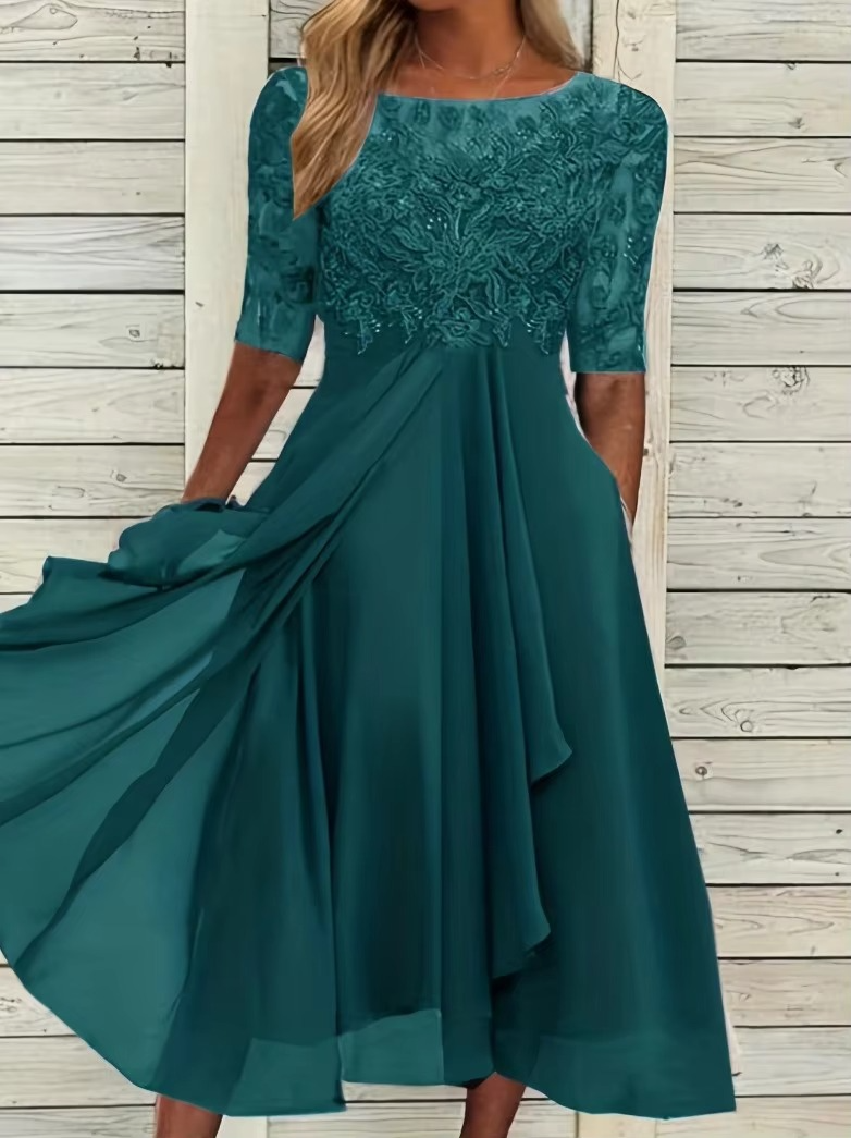 Elegant 2025 Summer Lace Embroidered Chiffon Midi Dress for Women – Formal & Party Wear