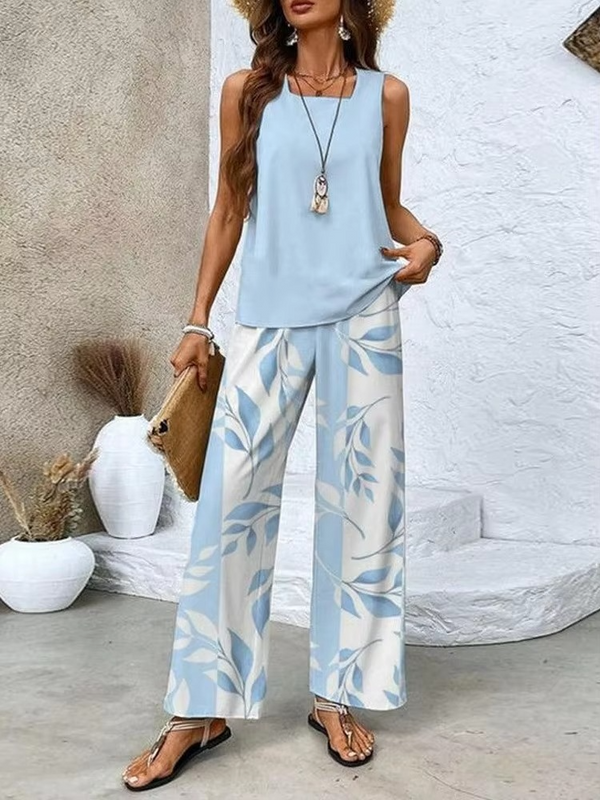 Women's Digital Print Square Collar Vest and Long Trousers Two-Piece Set