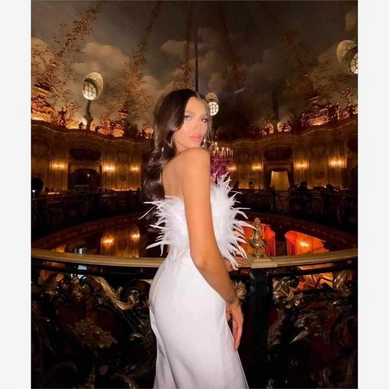 Sexy Feather Jumpsuit with Bare Shoulder, Cinched Waist, and Diamond Embellished Wide Leg