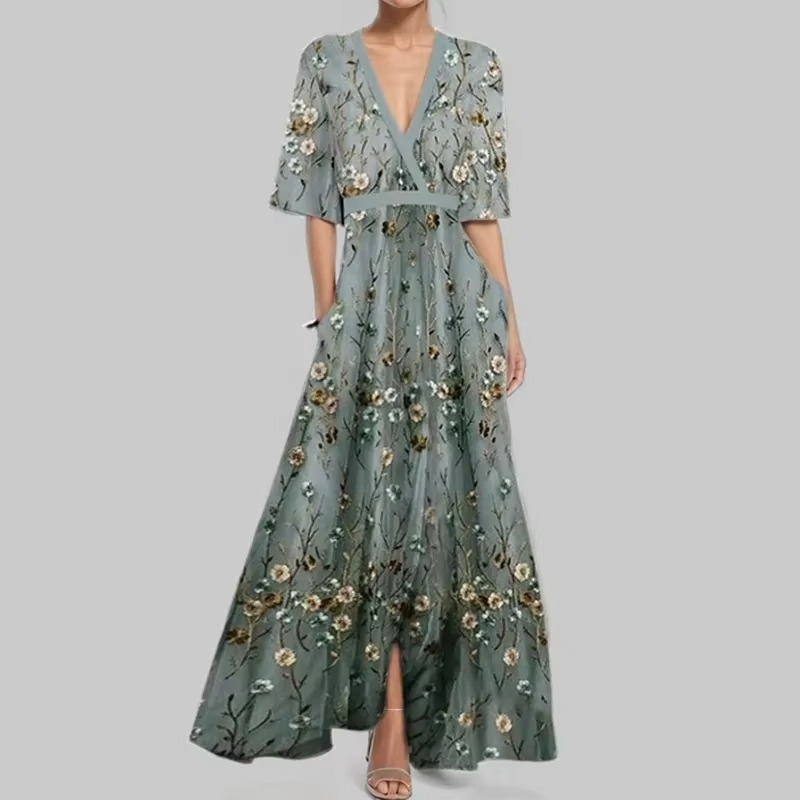 Elegant V Neck Long Printed Pleated Dress for Women