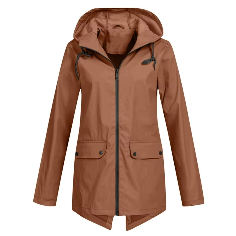 Women's Waterproof Hooded Velvet-Lined Windbreaker Trench Coat for Autumn and Winter