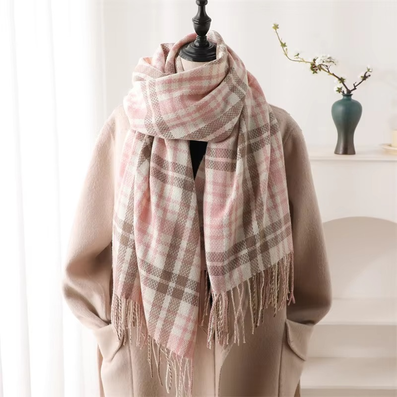 Cozy Cashmere Plaid Winter Scarf for Women, Thick Pashmina Shawl with Tassels