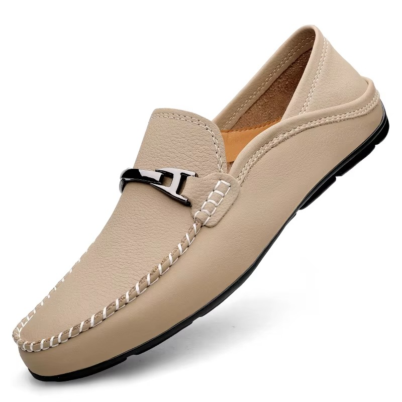 Men’s Genuine Leather Loafers with Metal Buckle, Soft Sole Business and Casual Driving Shoes
