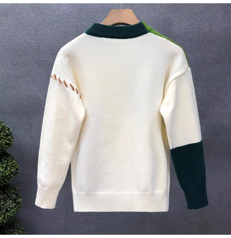 Men's Patchwork Knit Sweater Streetwear Pullover for Fall and Winter