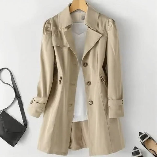 Elegant Mid-Length Trench Coat for Women, Slim Fit Single-Breasted Jacket with Turn-Down Collar