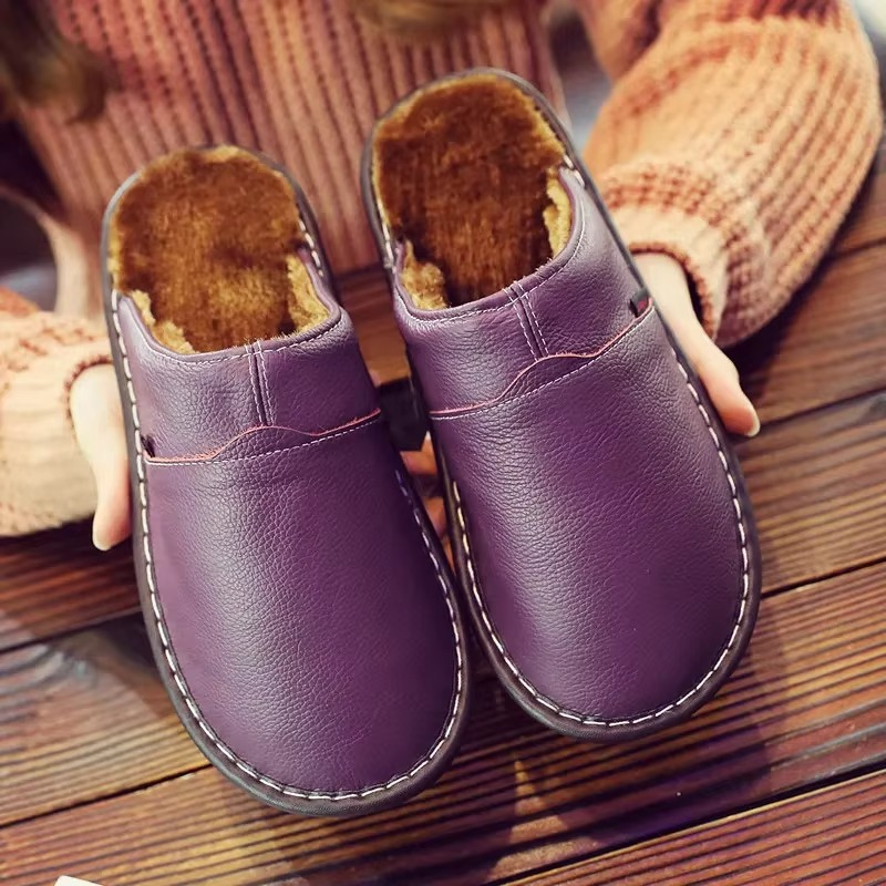 Cozy Leather Plush Waterproof Winter Slippers for Men and Women