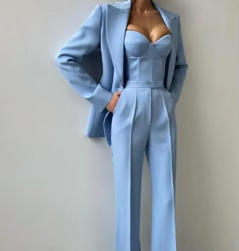 Women's Three Piece Autumn Suit Set with Blazer, Corset Pants, and Camisole Top