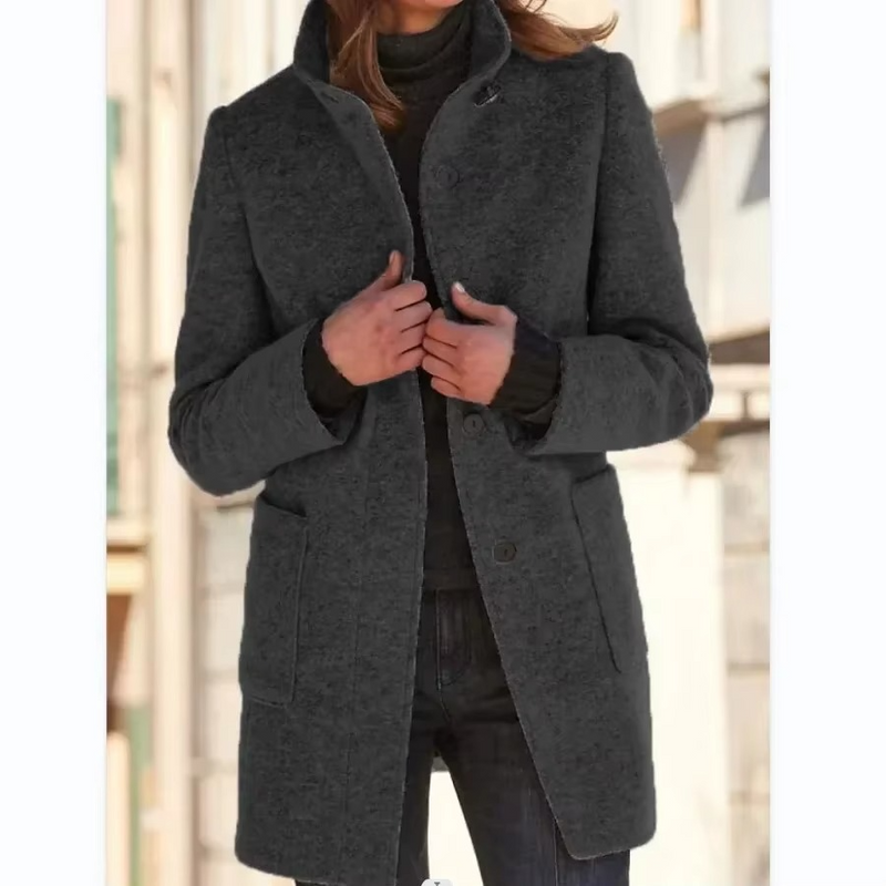 Spring 2025 Women’s Cotton Coat Black Stand Collar Casual Long Sleeve with Button Pockets