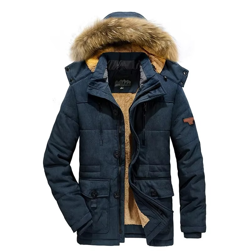 Men's Winter Parka Jacket with Thick Fleece Lining and Multi-Pocket Design