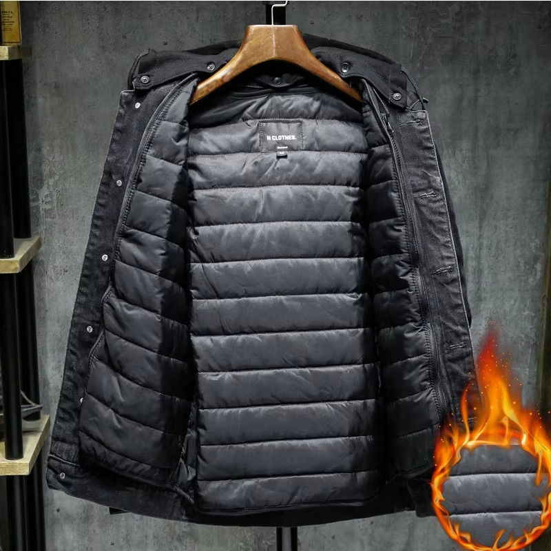 Men's Thick-Lined Black Hooded Denim Jacket, Warm Winter Cotton Outerwear, Plus Size up to 5XL