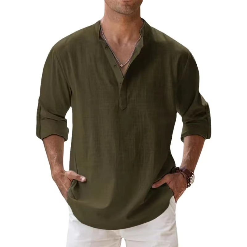 Lightweight Men’s Long Sleeve Cotton Linen Henley Shirt for Casual Beachwear