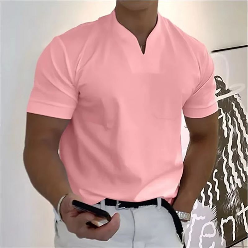 Men’s Summer V-Neck Short Sleeve T-Shirt - Elastic Cotton Athletic and Casual Fit